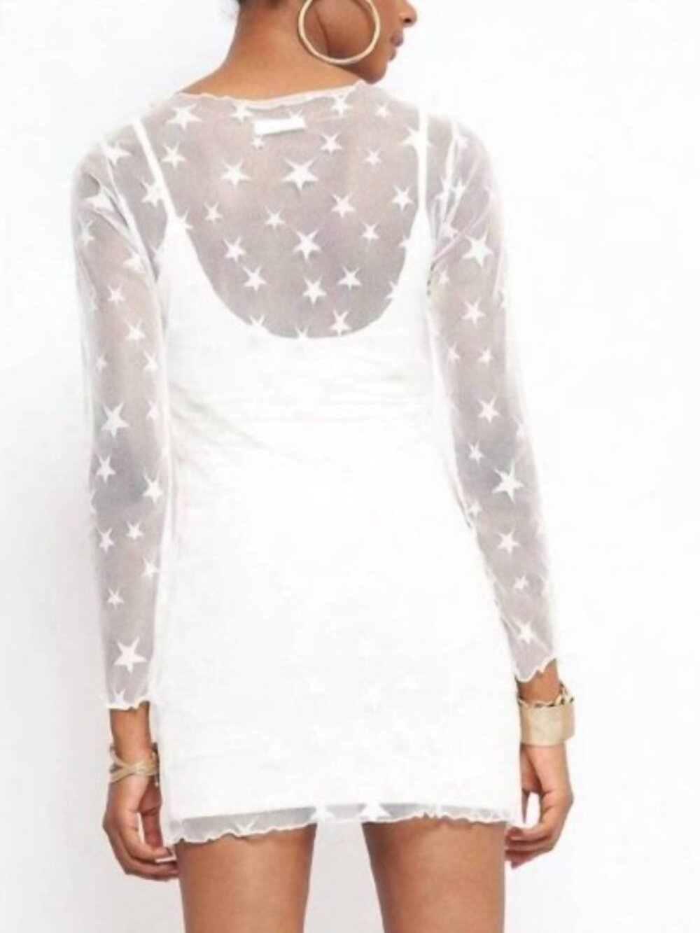 Star Pattern Sheer Mesh Overlay Dress / Coverup in White - Size: Large - NWT